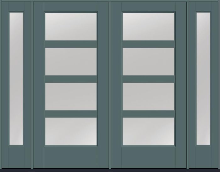 80" Low-E Contemporary 4 Lite SDL Flat 3-1/2" Smooth Full Lite Flush-Glazed Fiberglass Double Door, Full Sidelites