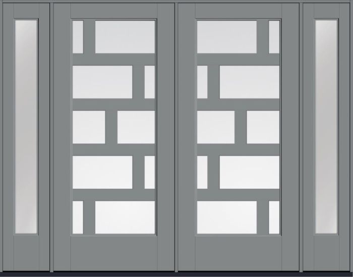 80" Low-E Contemporary Asymmetrical 10 Lite Left SDL Flat 3-1/2" Smooth Full Lite Flush-Glazed Fiberglass Double Door, Sidelites