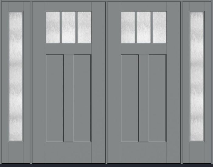 80" Chord Craftsman Top View 3 Lite 2 Panel Shaker SDL Flat 1-1/8" Smooth Flush-Glazed Fiberglass Double Door, Full Sidelites