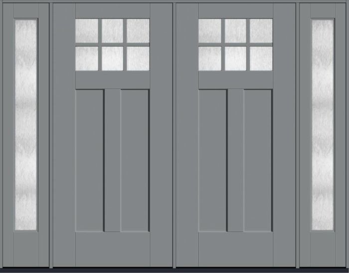 80" Chord Craftsman Top View 6 Lite 2 Panel Shaker SDL Flat 1-1/8" Smooth Flush-Glazed Fiberglass Double Door, Full Sidelites