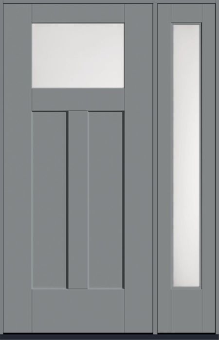 80" Satin Etch Craftsman Top View 2 Panel Shaker Smooth Flush-Glazed Fiberglass Single Door, Full Sidelite