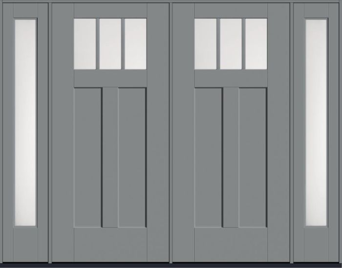 80" Satin Etch Craftsman Top View 3 Lite 2 Panel Shaker SDL Flat 1-1/8" Smooth Flush-Glazed Fiberglass Double Door, Full Sidelites