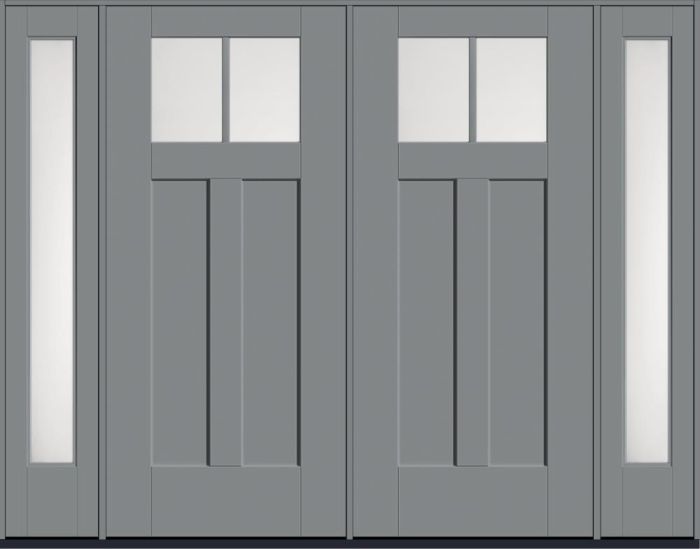 80" Satin Etch Craftsman Top View 2 Lite 2 Panel Shaker SDL Flat 1-1/8" Smooth Flush-Glazed Fiberglass Double Door, Full Sidelites