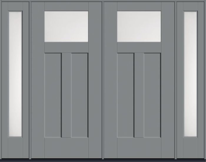 80" Satin Etch Craftsman Top View 2 Panel Shaker Smooth Flush-Glazed Fiberglass Double Door, Full Sidelites