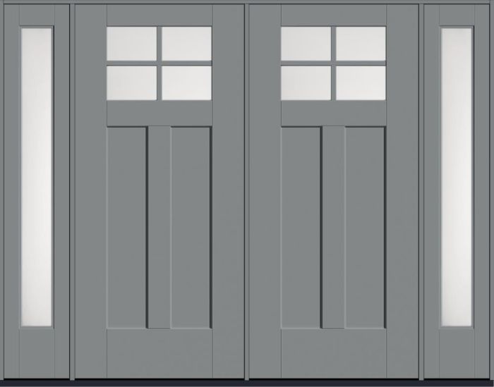 80" Satin Etch Craftsman Top View 4 Lite 2 Panel Shaker SDL Flat 1-1/8" Smooth Flush-Glazed Fiberglass Double Door, Full Sidelites