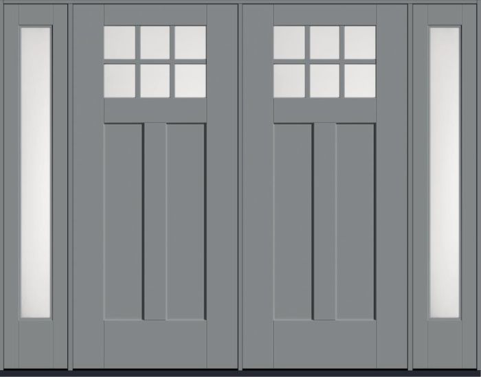 80" Satin Etch Craftsman Top View 6 Lite 2 Panel Shaker SDL Flat 1-1/8" Smooth Flush-Glazed Fiberglass Double Door, Full Sidelites
