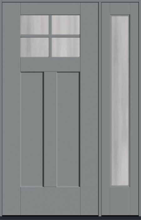 80" Chinchilla Craftsman Top View 4 Lite 2 Panel Shaker SDL Flat 1-1/8" Smooth Flush-Glazed Fiberglass Single Door, Full Sidelite