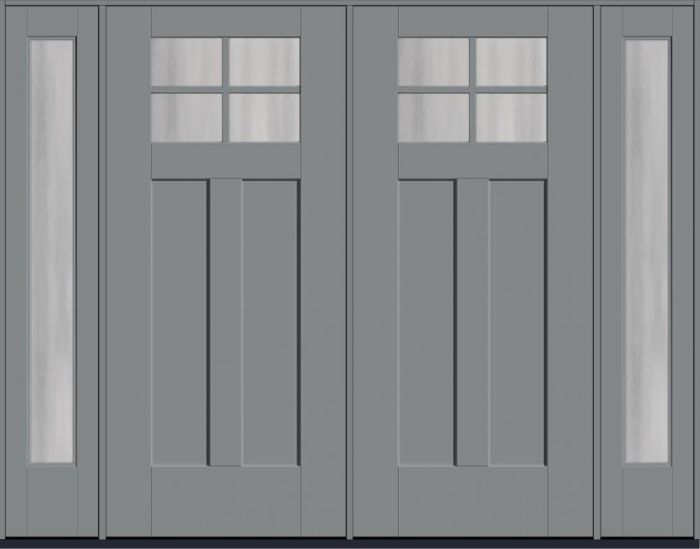 80" Chinchilla Craftsman Top View 4 Lite 2 Panel Shaker SDL Flat 1-1/8" Smooth Flush-Glazed Fiberglass Double Door, Full Sidelites