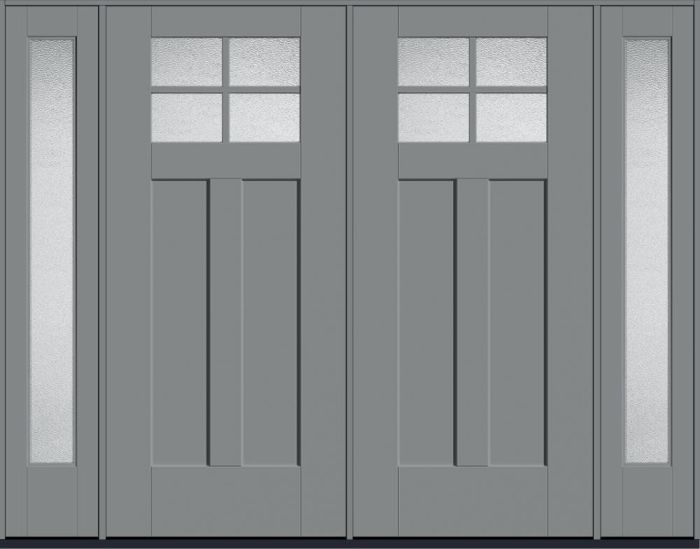 80" Granite Craftsman Top View 4 Lite 2 Panel Shaker SDL Flat 1-1/8" Smooth Flush-Glazed Fiberglass Double Door, Full Sidelites