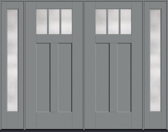 80" Rainglass Craftsman Top View 3 Lite 2 Panel Shaker SDL Flat 1-1/8" Smooth Flush-Glazed Fiberglass Double Door, Full Sidelites