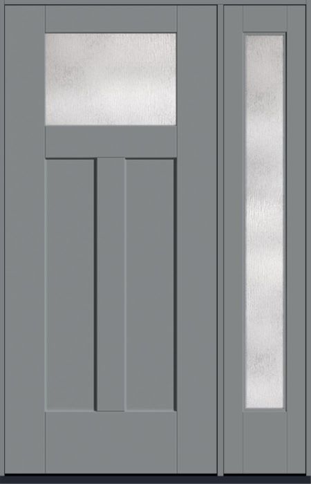 80" Rainglass Craftsman Top View 2 Panel Shaker Smooth Flush-Glazed Fiberglass Single Door, Full Sidelite