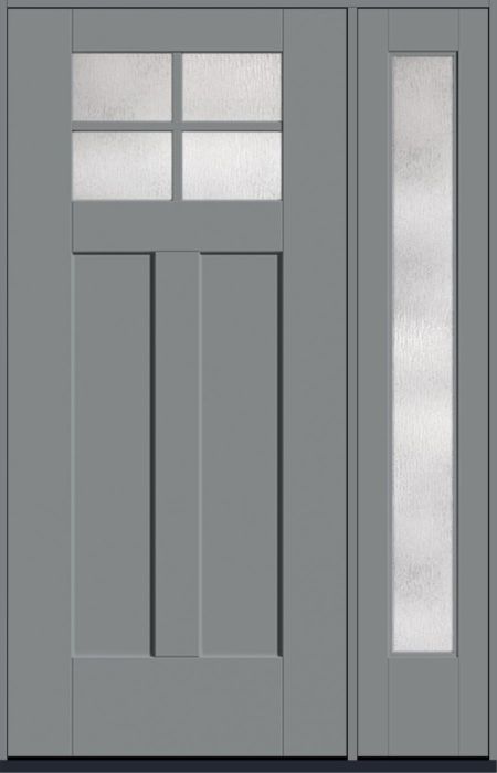 80" Rainglass Craftsman Top View 4 Lite 2 Panel Shaker SDL Flat 1-1/8" Smooth Flush-Glazed Fiberglass Single Door, Full Sidelite