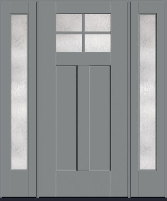 80" Rainglass Craftsman Top View 4 Lite 2 Panel Shaker SDL Flat 1-1/8" Smooth Flush-Glazed Fiberglass Single Door, Full Sidelites