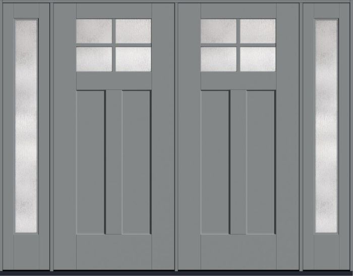 80" Rainglass Craftsman Top View 4 Lite 2 Panel Shaker SDL Flat 1-1/8" Smooth Flush-Glazed Fiberglass Double Door, Full Sidelites