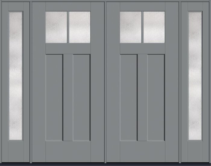 80" Rainglass Craftsman Top View 2 Lite 2 Panel Shaker SDL Flat 1-1/8" Smooth Flush-Glazed Fiberglass Double Door, Full Sidelites