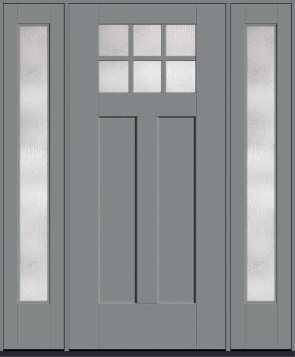 80" Rainglass Craftsman Top View 6 Lite 2 Panel Shaker SDL Flat 1-1/8" Smooth Flush-Glazed Fiberglass Single Door, Full Sidelites