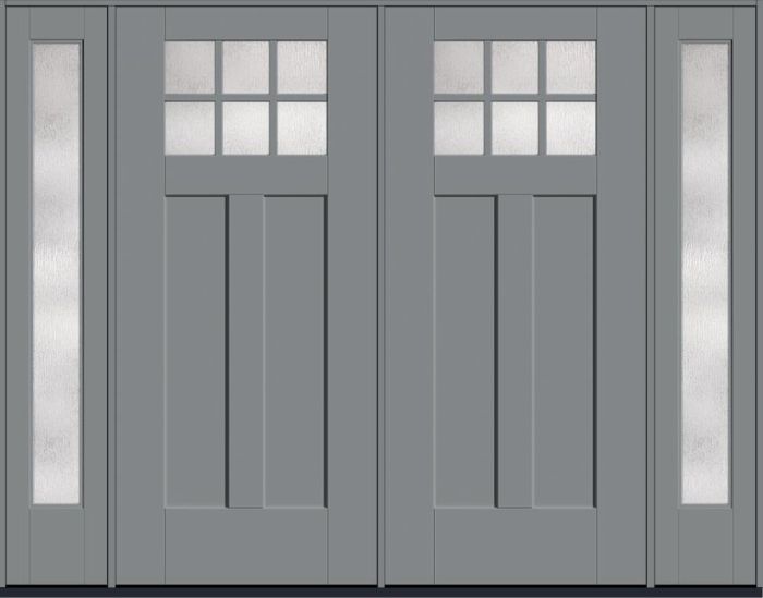 80" Rainglass Craftsman Top View 6 Lite 2 Panel Shaker SDL Flat 1-1/8" Smooth Flush-Glazed Fiberglass Double Door, Full Sidelites
