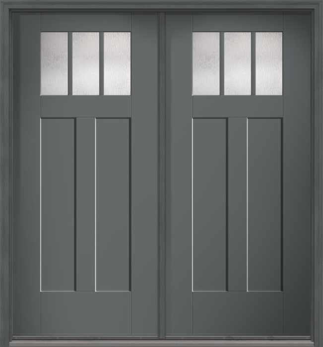 80" Rainglass Craftsman 3 Lite 2 Panel Shaker SDL Flat 1-1/8" Smooth Flush-Glazed Fiberglass Double Door
