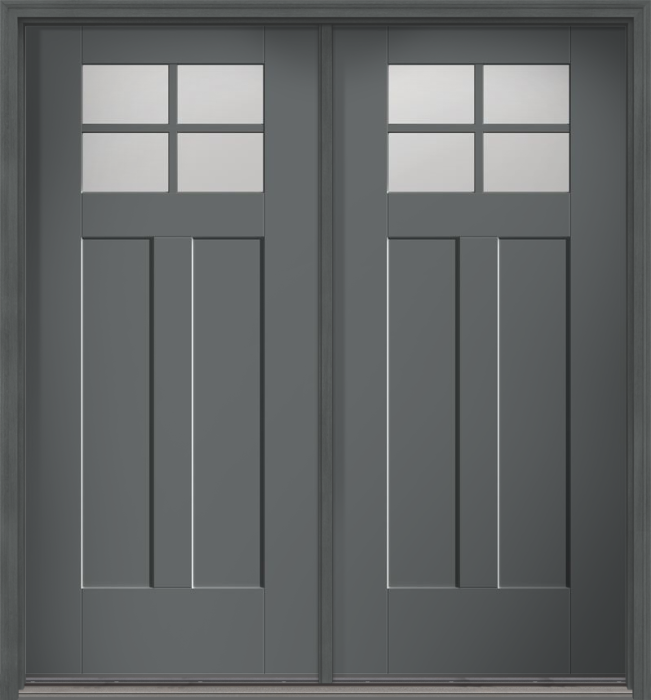 80" Low-E Craftsman 4 Lite 2 Panel Shaker SDL Flat 1-1/8" Smooth Flush-Glazed Fiberglass Double Door