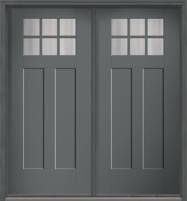80" Chinchilla Craftsman 6 Lite 2 Panel Shaker SDL Flat 1-1/8" Smooth Flush-Glazed Fiberglass Double Door