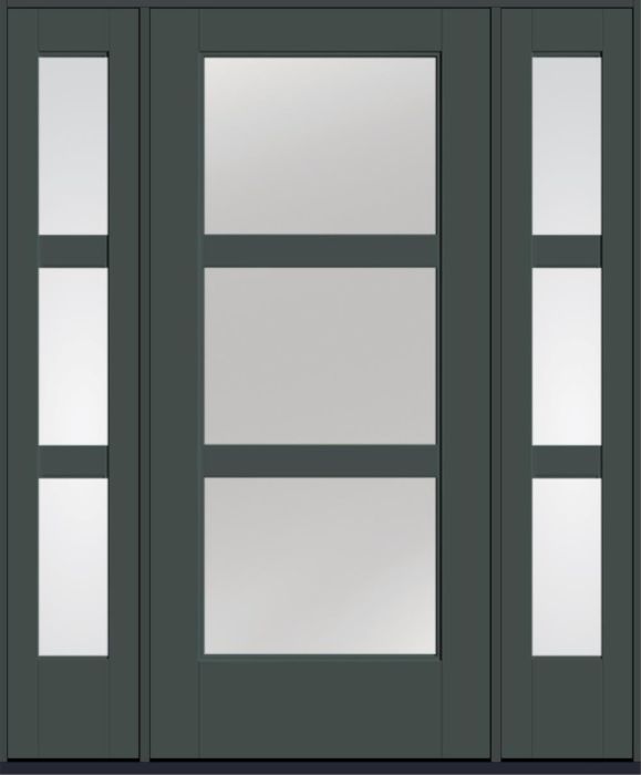 80" Low-E Contemporary 3 Lite SDL Flat 3-1/2" Smooth Full Lite Flush-Glazed Fiberglass Single Door, Sidelites