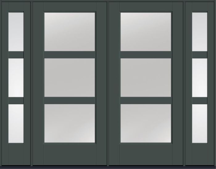 80" Low-E Contemporary 3 Lite SDL Flat 3-1/2" Smooth Full Lite Flush-Glazed Fiberglass Double Door, Sidelites