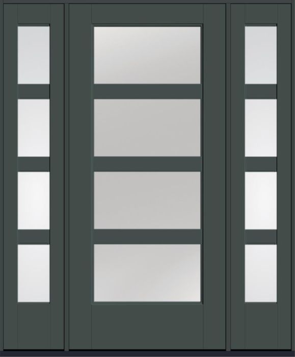 80" Low-E Contemporary 4 Lite SDL Flat 3-1/2" Smooth Full Lite Flush-Glazed Fiberglass Single Door, Sidelites