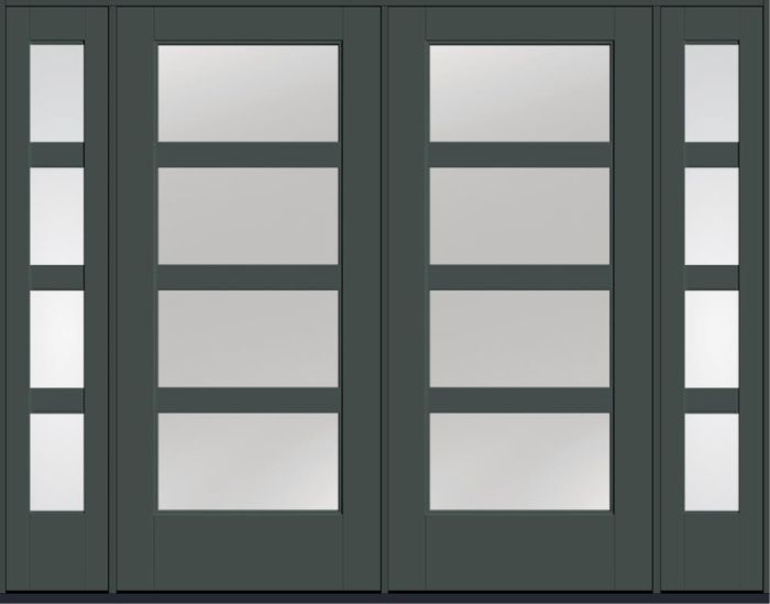 80" Low-E Contemporary 4 Lite SDL Flat 3-1/2" Smooth Full Lite Flush-Glazed Fiberglass Double Door, Sidelites