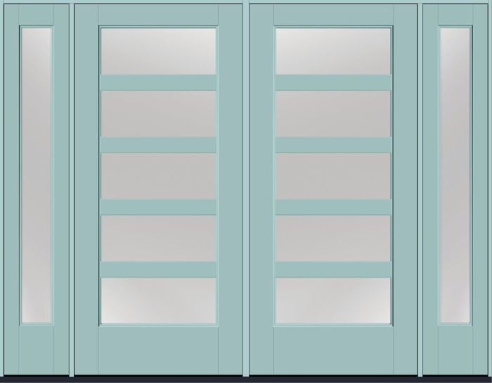 80" Low-E Contemporary 5 Lite SDL Flat 3-1/2" Smooth Full Lite Flush-Glazed Fiberglass Double Door, Full Sidelites