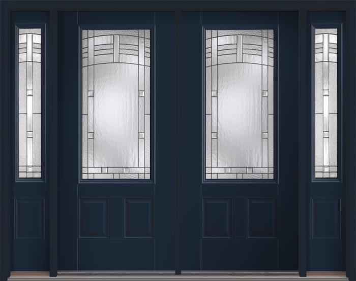 80" Maple Park 3/4 Lite 2 Panel Smooth Fiberglass Double Door, Sidelites