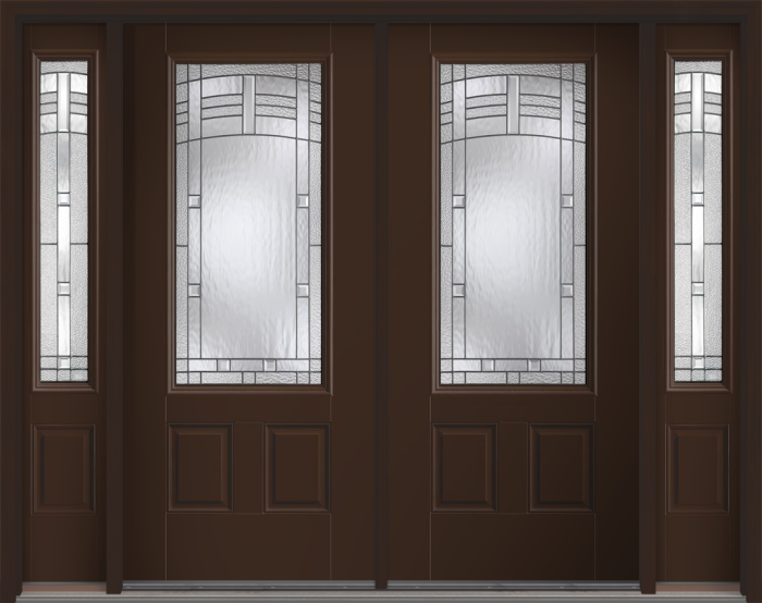 80" Maple Park 3/4 Lite 1 Panel Smooth Fiberglass Double Door, Sidelites
