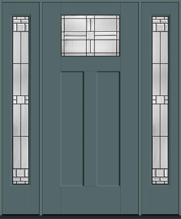 80" Saratoga Craftsman Top View 2 Panel Shaker Smooth Flush-Glazed Fiberglass Single Door, Full Sidelites