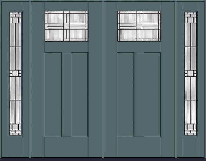 80" Saratoga Craftsman Top View 2 Panel Shaker Smooth Flush-Glazed Fiberglass Double Door, Full Sidelites