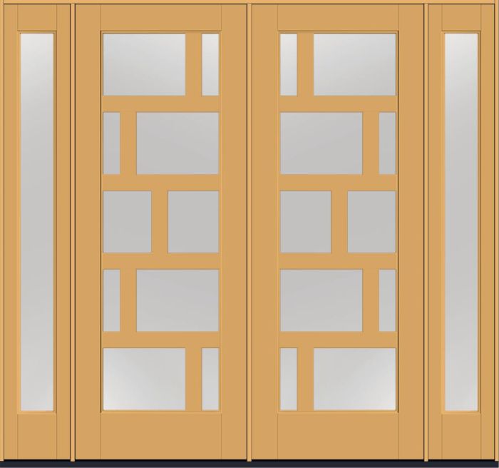 96" Low-E Contemporary Asymmetrical 10 Lite Right SDL Flat 3-1/2" Smooth Full Lite Flush-Glazed Fiberglass Double Door, Full Sidelites