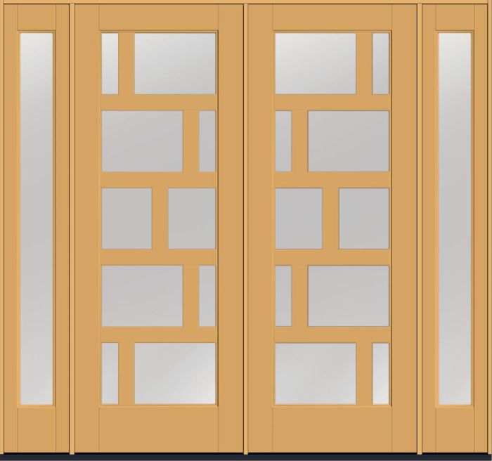 96" Low-E Contemporary Asymmetrical 10 Lite Left SDL Flat 3-1/2" Smooth Full Lite Flush-Glazed Fiberglass Double Door, Full Sidelites