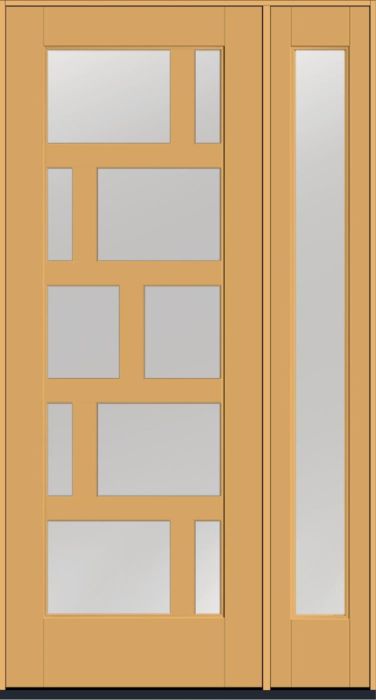 96" Low-E Contemporary Asymmetrical 10 Lite Right SDL Flat 3-1/2" Smooth Full Lite Flush-Glazed Fiberglass Single Door, Full Sidelite