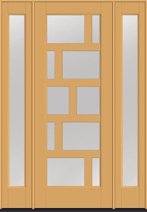 96" Low-E Contemporary Asymmetrical 10 Lite Right SDL Flat 3-1/2" Smooth Full Lite Flush-Glazed Fiberglass Single Door, Full Sidelites