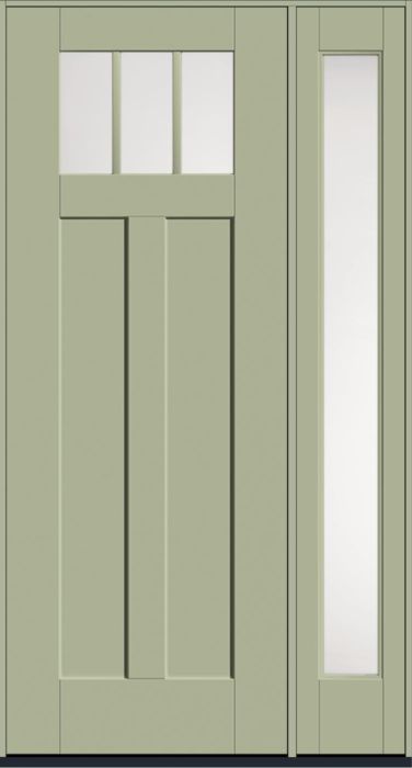 96" Satin Etch Craftsman 3 Lite 2 Panel Shaker SDL Flat 1-1/8" Smooth Flush-Glazed Fiberglass Single Door, Full Sidelite