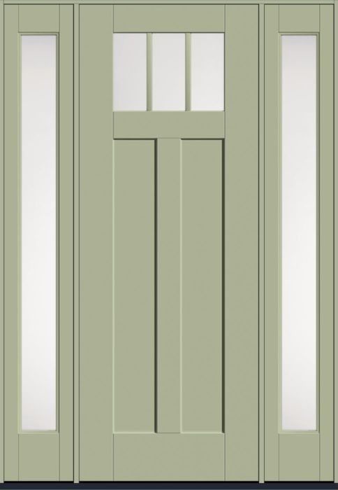 96" Satin Etch Craftsman 3 Lite 2 Panel Shaker SDL Flat 1-1/8" Smooth Flush-Glazed Fiberglass Single Door, Full Sidelites