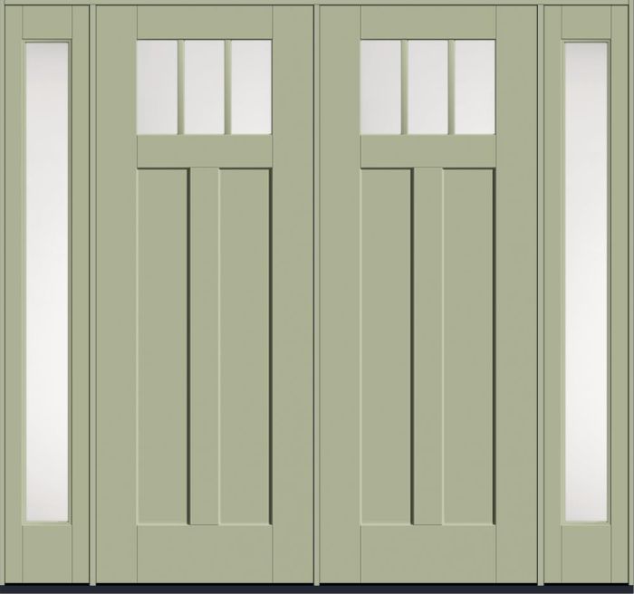 96" Satin Etch Craftsman 3 Lite 2 Panel Shaker SDL Flat 1-1/8" Smooth Flush-Glazed Fiberglass Double Door, Full Sidelites