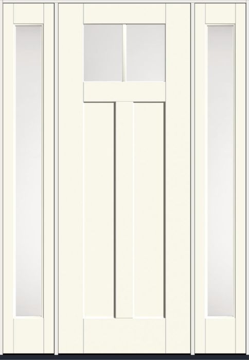 96" Satin Etch Craftsman 2 Lite 2 Panel Shaker SDL Flat 1-1/8" Smooth Flush-Glazed Fiberglass Single Door, Full Sidelites