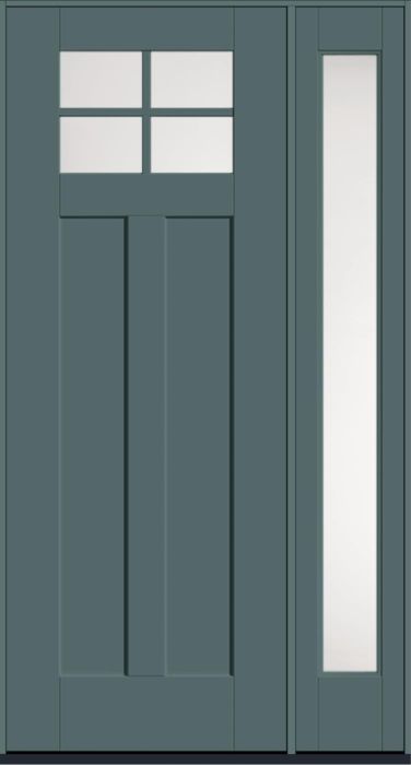 96" Satin Etch Craftsman 4 Lite 2 Panel Shaker SDL Flat 1-1/8" Smooth Flush-Glazed Fiberglass Single Door, Full Sidelite