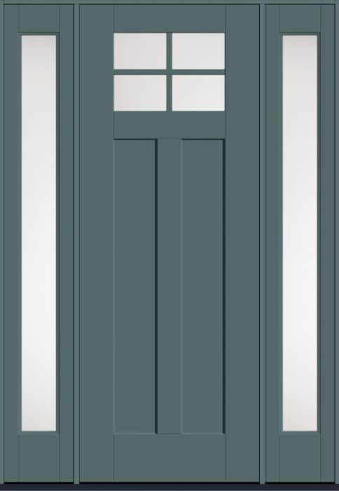 96" Satin Etch Craftsman 4 Lite 2 Panel Shaker SDL Flat 1-1/8" Smooth Flush-Glazed Fiberglass Single Door, Full Sidelites