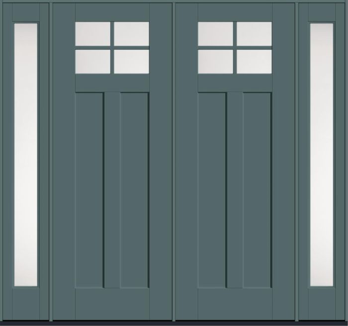 96" Satin Etch Craftsman 4 Lite 2 Panel Shaker SDL Flat 1-1/8" Smooth Flush-Glazed Fiberglass Double Door, Full Sidelites