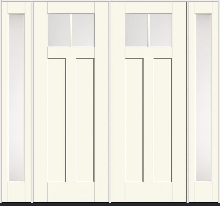 96" Satin Etch Craftsman 2 Lite 2 Panel Shaker SDL Flat 1-1/8" Smooth Flush-Glazed Fiberglass Double Door, Full Sidelites