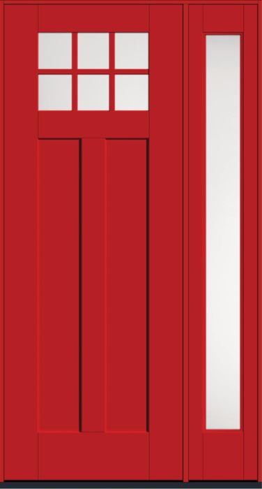 96" Satin Etch Craftsman 6 Lite 2 Panel Shaker SDL Flat 1-1/8" Smooth Flush-Glazed Fiberglass Single Door, Full Sidelite