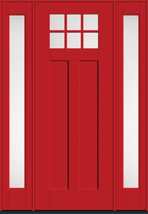 96" Satin Etch Craftsman 6 Lite 2 Panel Shaker SDL Flat 1-1/8" Smooth Flush-Glazed Fiberglass Single Door, Full Sidelites