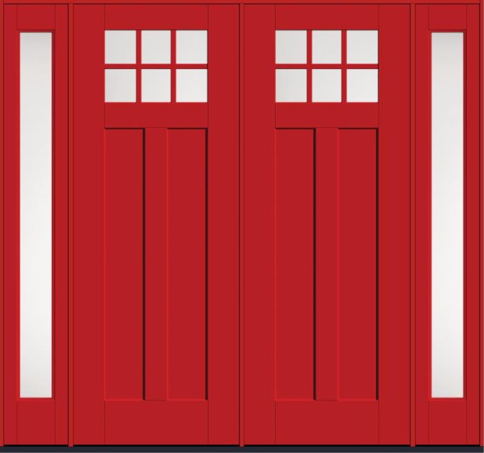 96" Satin Etch Craftsman 6 Lite 2 Panel Shaker SDL Flat 1-1/8" Smooth Flush-Glazed Fiberglass Double Door, Full Sidelites