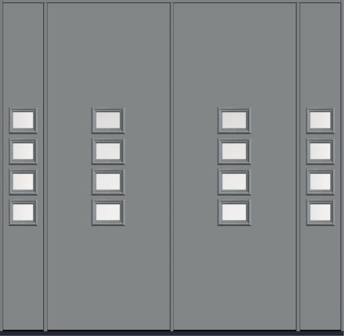 96" Satin Etch Modern Pulse Echo 4-Lite Middle Center Cluster Smooth Fiberglass Double Door, Sidelites