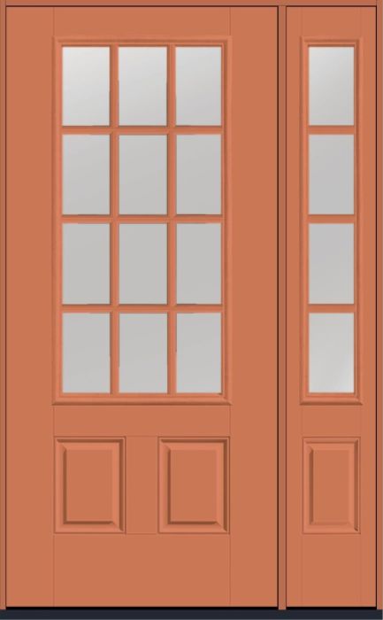 80" Low-E Colonial 12 Lite SDL Smooth 3/4 Lite 2 Panel Fiberglass Single Door, Sidelite